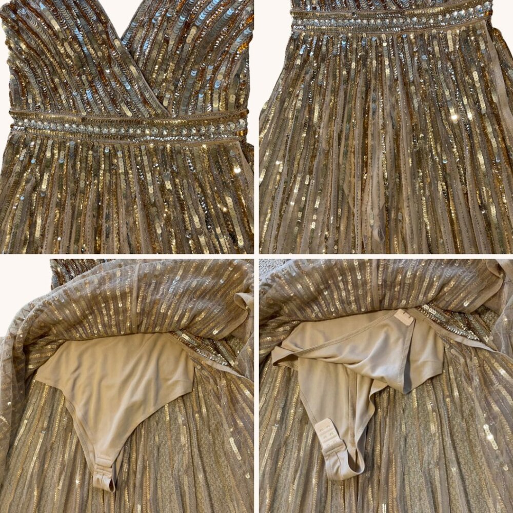 Mac Duggal Wrap Front Beaded Maxi Dress Full Length Gown Gold Sequins Women's 2 - Picture 13 of 16